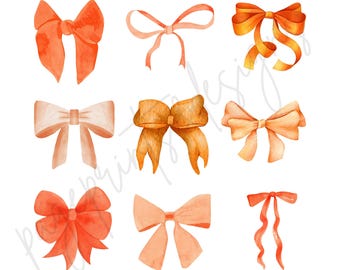 May include: Nine watercolor illustrations of bows in various shades of orange, peach, and pink. The bows are arranged in a grid pattern on a white background.