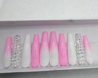 Pink Ombre  Ballerina Bling  |XXL Ballerina Press On's| Press On Nails| Glue On Nails| Fake Nails| BLing bling