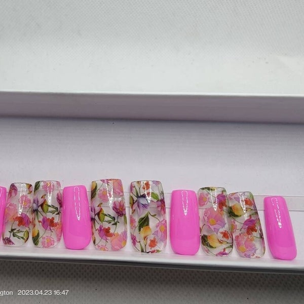 Pink Flower Nails Reusable |XXL Ballerina Press On's| Press On Nails| Glue On Nails| Fake Nails|