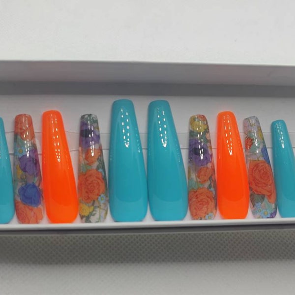 Last pair XXL bal large size Bright Orange Teal Flower Nails Reusable |XXL Ballerina Press On's| Press On Nails| Glue On Nails| Fake Nails