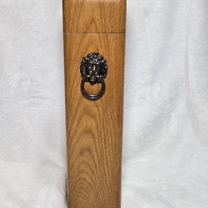 Vintage Wooden Match Holder with Brass Lion Head Knocker possibly from the 50s