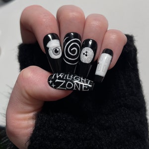 Into the Twilight Zone Nails/Black & White/Halloween/Reusable/Press On Nails/Gel X Apres/Fake Nails/False Nails/Long Ballerina/Handmade