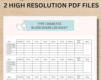 Blood Glucose Planner Insulin Log Sheet & Food Carbs List - Blood Sugar - Type 1 Diabetes, Printable A4 PDF - Instantly Download and Print