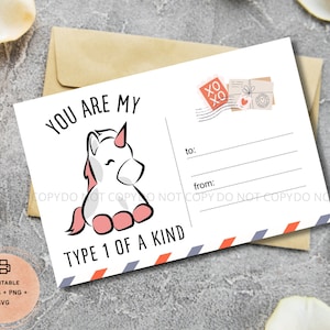 Type 1 Diabetes Unicorn Postcard: Printable T1D Card (PDF, PNG, SVG)