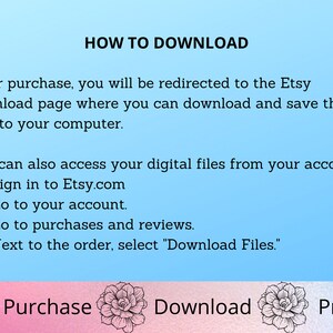 Op de afbeelding: Een blauwe en roze afbeelding met de tekst "HOW TO DOWNLOAD" in zwart. De tekst legt uit hoe je digitale bestanden kunt downloaden na aankoop van Etsy.com. De afbeelding bevat ook de woorden "Purchase", "Download" en "Print!" in zwart.