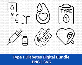 Type 1 Diabetes SVG & PNG Bundle 6 Designs, Digital Download, Diabetes Awareness