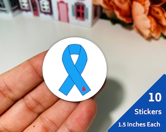 Diabetes Awareness Stickers: Blue Ribbon 1.5&quot; Round - Type 1 Diabetes