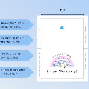 Op de afbeelding: Printbare kaart van 5x7 inch met een eenhoorn- en regenboogontwerp. De kaart zegt "Type One-Derful Happy Diaversary!" en is ontworpen voor een standaard vel cardstock papier van 8,5x11 inch.