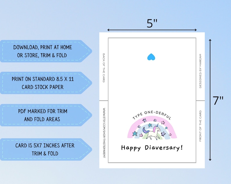 Op de afbeelding: Printbare kaart van 5x7 inch met een eenhoorn- en regenboogontwerp. De kaart zegt "Type One-Derful Happy Diaversary!" en is ontworpen voor een standaard vel cardstock papier van 8,5x11 inch.