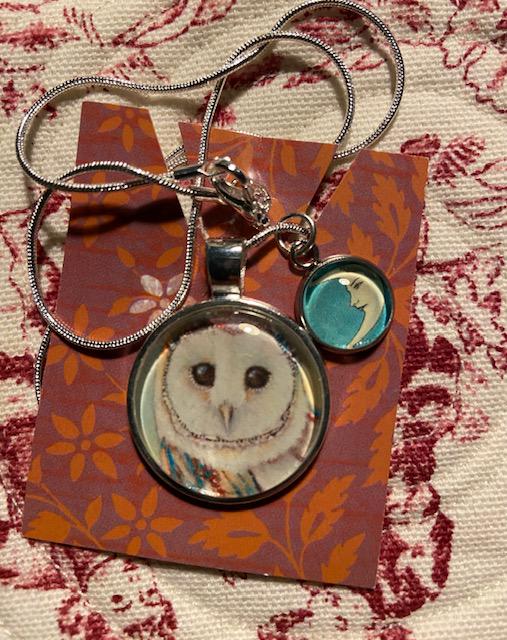 Vintage Illustration Barn Owl with La Luna Charm Pendant Necklace