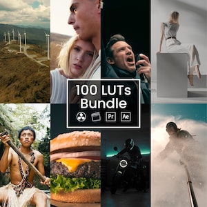 Peut inclure: Un collage d'images présentant diverses scènes : des éoliennes sur une colline, un couple, une personne chantant, une personne assise sur un cube, une personne avec une lance, un hamburger, une moto et un skieur. Le texte "100 LUTs Bundle" est affiché.