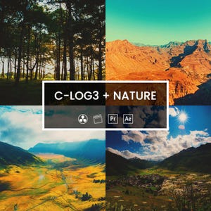 Puede incluir: Un collage de cuatro fotografías de paisajes que muestran un bosque, una cordillera desértica, un valle y un pueblo de montaña. Un rectángulo negro central muestra el texto blanco C-LOG3 + NATURE y cuatro iconos de software.