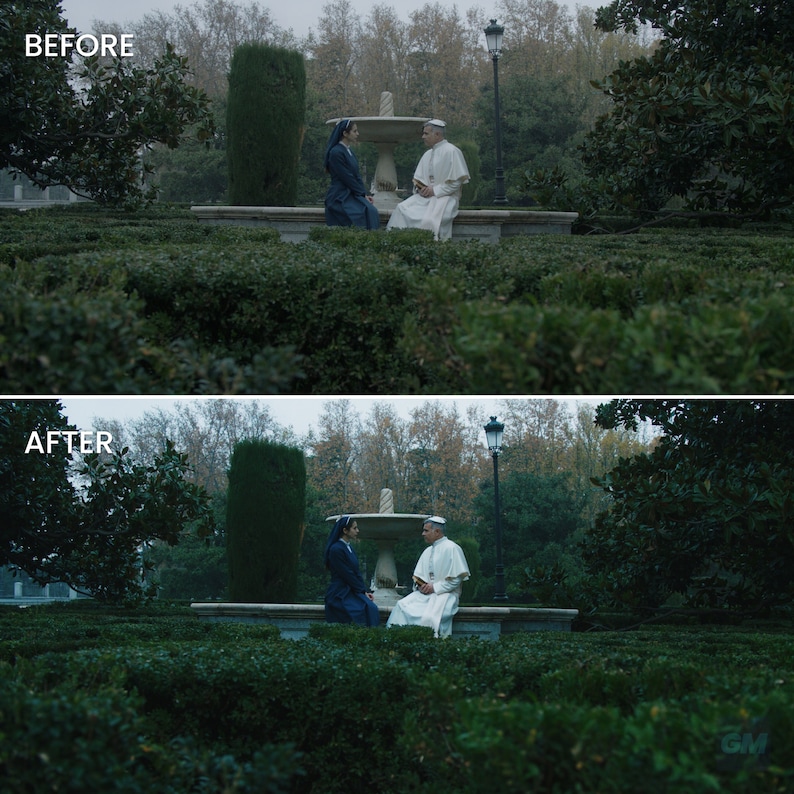 May include: Two people, a woman in a dark blue dress and a man in a white robe, are sitting on a stone bench in a garden setting. The woman is looking down, while the man is looking at the woman. There is a fountain behind them.