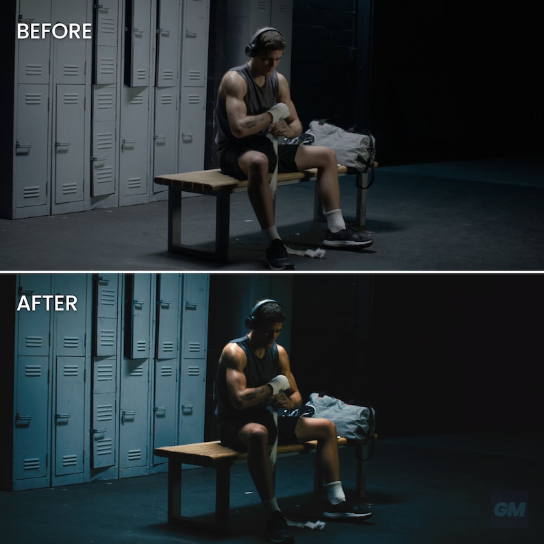 May include: A man sits on a bench in a locker room, wrapping his hands with white tape. He is wearing headphones and a black tank top. The lockers are in the background.