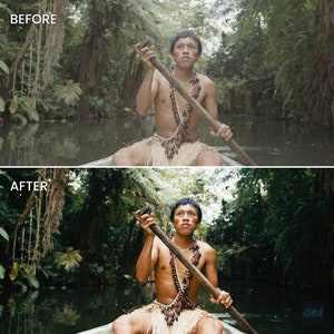 May include: A person in a jungle setting, wearing a beaded necklace and a straw skirt, paddles a wooden canoe through a river.