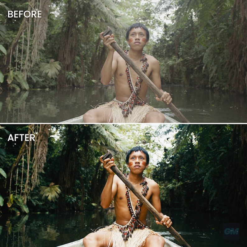 May include: A person in a jungle setting, wearing a beaded necklace and a straw skirt, paddles a wooden canoe through a river.