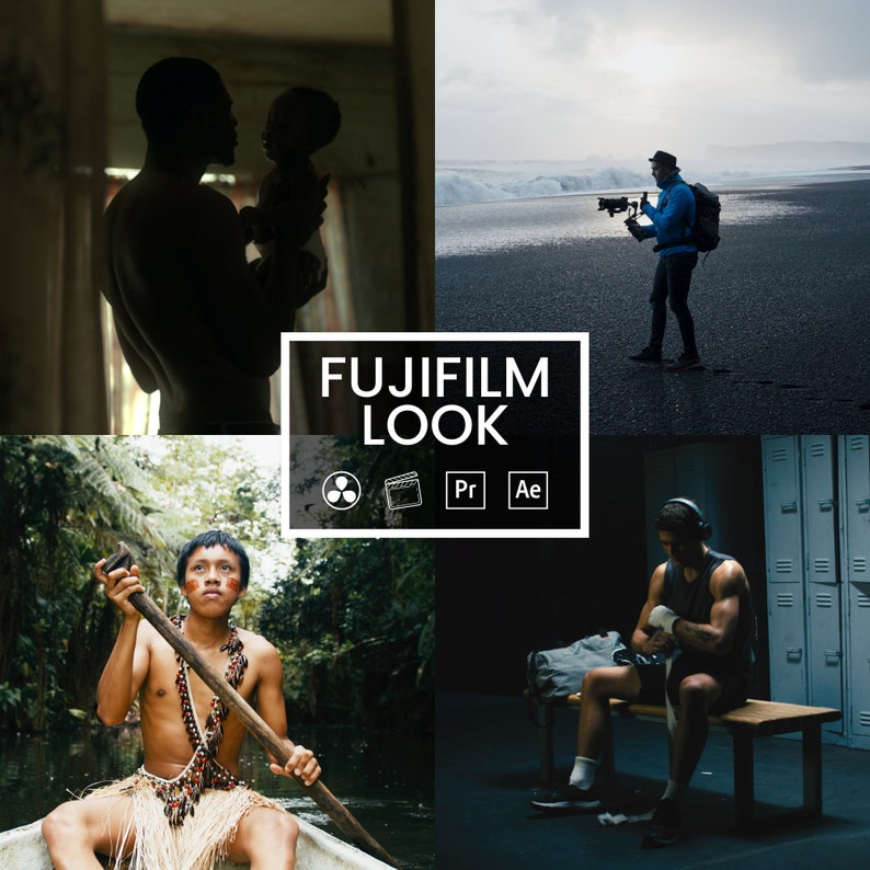May include: A collage of four images showcasing different scenes. The top left image shows a silhouette of a person holding a child. The top right image shows a person filming with a camera on a beach. The bottom left image shows a person paddling a canoe in a jungle. The bottom right image shows a person sitting on a bench in a locker room.