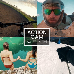 May include: A collage of images showcasing the versatility of an action camera. The top left image shows a mountain bike trail, the top right image shows a person skydiving, the bottom left image shows two people standing on a cliff overlooking a turquoise lake, and the bottom right image shows a person skiing down a snowy slope.