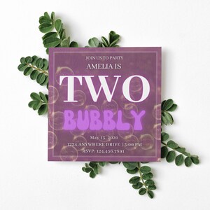 Two Bubbly-2nd girl birthday invitation -Neon Pink Birthday Party Invitation Suite - Thank You Card-Instant Download-Custom Party Invitation