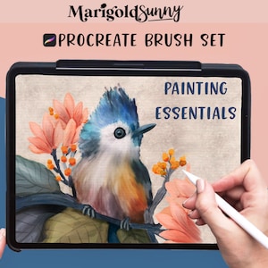 May include: A digital illustration of a bluebird perched on a branch with pink flowers and green leaves. The image is displayed on a tablet screen with the text "Painting Essentials" and "Procreate Brush Set" above the illustration.