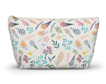 Light Wildflower Pouch Pattern Accessory Case, purse organizer, makeup cosmetic art supplies bag w wide T-bottom, Spring Flowers AP2477