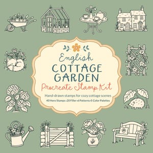 Könnte beinhalten: Ein digitales Stempel-Set mit handgezeichneten Illustrationen eines englischen Cottage-Gartens, darunter ein Gewächshaus, eine Schubkarre, ein Igel und florale Motive. Der zentrale Text lautet English COTTAGE GARDEN Procreate Stamp Kit.