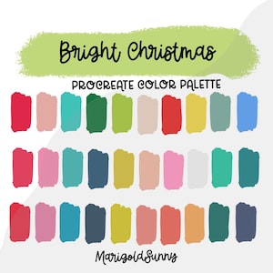 May include: A digital colour palette for Procreate with 24 colour swatches. The palette is titled "Bright Christmas" and includes shades of red, green, blue, yellow, pink, and white. The creator's name, "Marigold Sunny", is at the bottom of the palette.