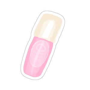 May include: A pink and white lip gloss tube with a white sticker on the front that says "Dream Big" with a cloud design.