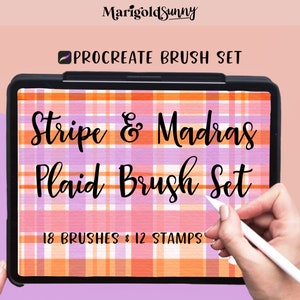 May include: A digital illustration of a tablet screen displaying a Procreate brush set for creating stripes and Madras plaid patterns. The text on the screen reads "Stripe & Madras Plaid Brush Set" and "18 Brushes & 12 Stamps".