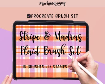 Stripe and Madras plaid procreate brushes & stamps and mini color palette