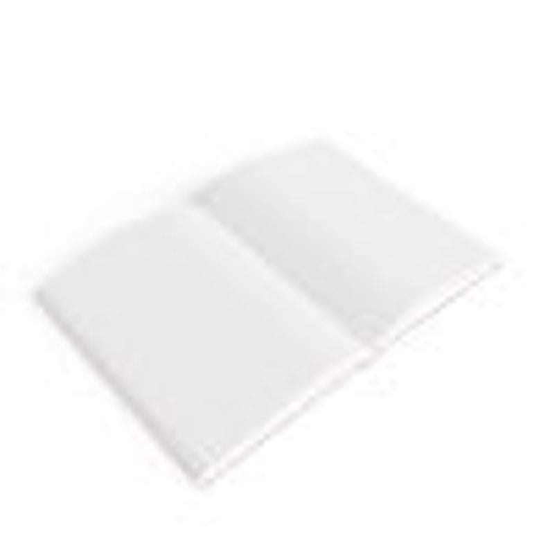 May include: A blank, white notebook with a soft, textured cover. The notebook is open to a blank page.