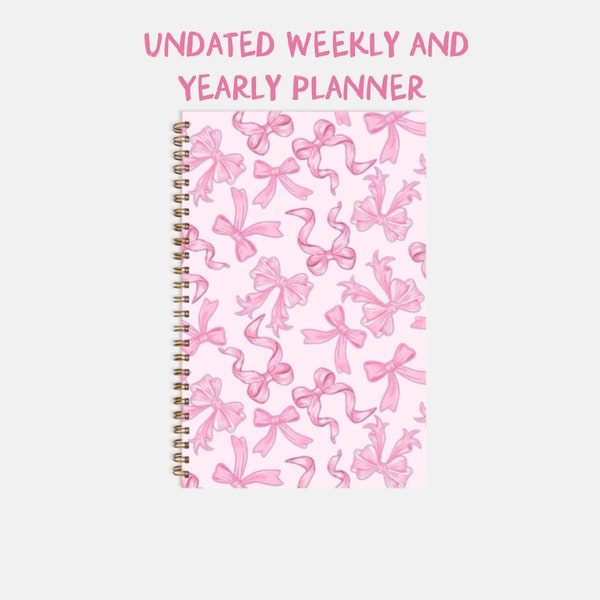 Pink Bow Pattern Undated Hardcover Yearly Weekly Planner Notebook Spiral 5.5 x 8.5, Half Letter, Gift for Her, Open Dated Pages, Pink AP2478