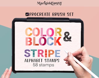 Fun Alphabet Gradient Duo Procreate Stamps: Stripe & Color Block Alphabet Letter Ombre Procreate Stamp Brush Set - over 50 Brushes