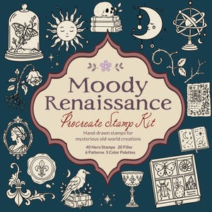 Peut inclure: Un graphique numérique avec le texte Moody Renaissance Procreate Stamp Kit et des illustrations dessinées à la main incluant un papillon sous cloche, un soleil, un crâne sur des livres, une lune, une sphère armillaire, une rose et un corbeau.
