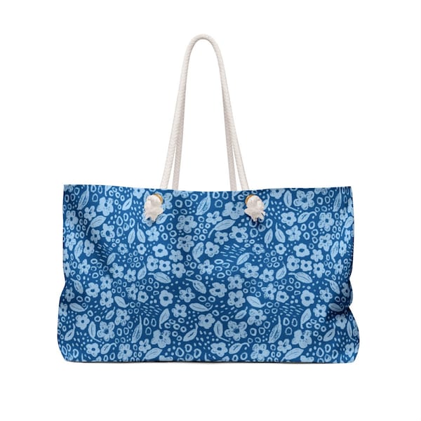 Petit sac de week-end de plage peint à la main à motif de petites fleurs bleues de voyage à motifs horizontaux Grand sac esthétique d'été en toile cadeau AP2500