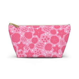 Pink Seashell beach Accessory Pouch w T-bottom, starfish makeup cosmetic bag, Toiletries Pencil Case aesthetic pattern organizer AP2490