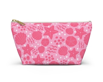 Pink Seashell beach Accessory Pouch w T-bottom, starfish makeup cosmetic bag, Toiletries Pencil Case aesthetic pattern organizer AP2490