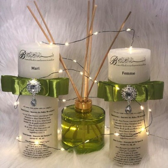 Coffret Baraka2 Bougies à Offrir Aux Nouveaux Mariés, Personnalisées avec Douaa et Sourat de Votre C