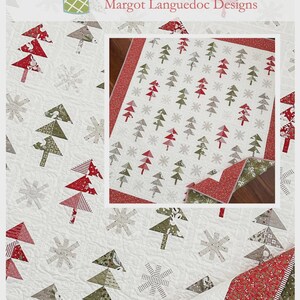 May include: A quilt pattern titled "Covered in Snow" featuring a white background with red, green, and gray Christmas trees and snowflakes. The pattern includes a close-up of the quilt design and the website address.