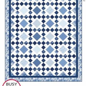 May include: A quilt pattern titled "Granny's Square Patch" with a blue and white geometric design. The pattern includes six sizes and is designed by Myra Barnes. The Busy Hands Quilts logo is also visible.
