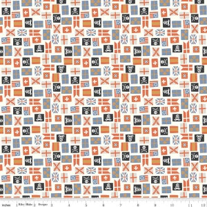 May include: A white fabric with a repeating pattern of small, colorful flags. The flags include a variety of designs, including the American flag, the British flag, the French flag, and the Spanish flag. There are also some flags with skull and crossbones designs.