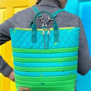 May include: A green and blue striped backpack with a zipper closure and a silver chain detail. The backpack is labeled "Parker Pack" and "SASSLN #0079".
