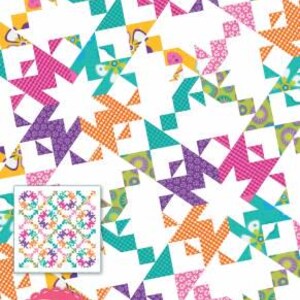 May include: A colorful quilt pattern titled "Whirlwind" with a starburst design. The quilt features triangles in shades of pink, purple, orange, teal, and yellow. The pattern is designed by Jocelyn Ueng and is available in multiple sizes.