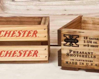 Winchester Shotgun Shell Mini Crate Pair | Wood Box Centerpiece