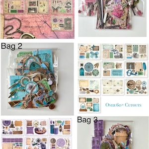 May include: Four bags of scrapbook paper cutouts. The bags are labelled "Bag 1", "Bag 2", "Bag 3", and "Bag 4". Each bag contains a variety of cutouts in different colours and patterns. The cutouts are made of paper and are designed to be used for scrapbooking, card making, and other craft projects. The cutouts feature a variety of themes, including floral, vintage, and whimsical.