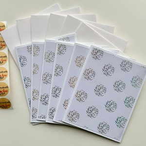Ensemble de 6 : Cartes faites à la main | Ensemble de cartes élégantes en feuille blanche et argentée avec enveloppes | Ensemble de cartes de remerciement | Ensemble de cartes de notes | Ensemble de cartes de vœux