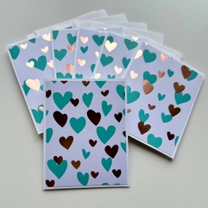 Lot de 6 : cartes faites main | Belles cartes coeurs turquoise et or rose | Jeu de cartes coeurs vierges
