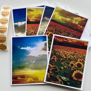 Lot de 6 : coucher de soleil élégant fait main, jeu de cartes tournesols | Je pense à vous | Cartes de vœux vierges | Cartes de sympathie en vrac | Jeu de cartes vierges faites main