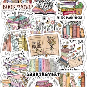 May include: A set of 10 colourful book-themed stickers with various quotes and illustrations. The stickers feature a variety of book stacks, open books, flowers, and the text "Booktrovert".