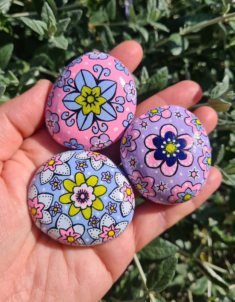 3 Hand Painted rocks stonesrock paintingpebble artgarden image 0